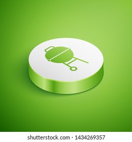Isometric Barbecue grill icon isolated on green background. BBQ grill party. White circle button. Vector Illustration 