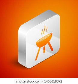 Isometric Barbecue grill icon isolated on orange background. BBQ grill party. Silver square button. Vector Illustration