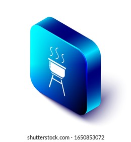 Isometric Barbecue grill icon isolated on white background. BBQ grill party. Blue square button. Vector Illustration