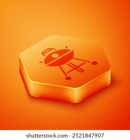 Isometric Barbecue grill icon isolated on orange background. BBQ grill party. Orange hexagon button. Vector