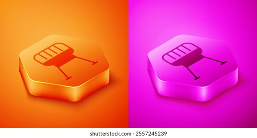 Isometric Barbecue grill icon isolated on orange and pink background. BBQ grill party. Hexagon button. Vector