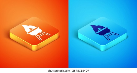 Isometric Barbecue grill icon isolated on orange and blue background. BBQ grill party.  Vector