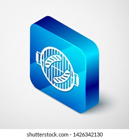 Isometric Barbecue grill with sausage icon isolated on white background. BBQ grill party. Blue square button. Vector Illustration