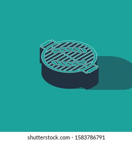 Isometric Barbecue grill with sausage icon isolated on green background. BBQ grill party.  Vector Illustration