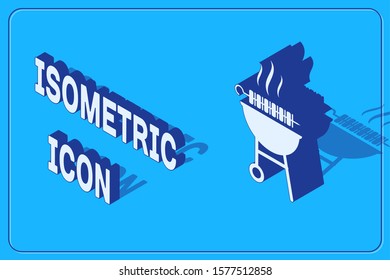 Isometric Barbecue grilled shish kebab on skewer stick icon isolated on blue background. BBQ meat kebab on skewer stick. Picnic with grill meat.  Vector Illustration