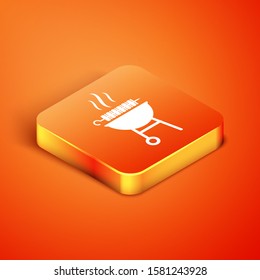 Isometric Barbecue grilled shish kebab on skewer stick icon isolated on orange background. BBQ meat kebab on skewer stick. Picnic with grill meat.  Vector Illustration