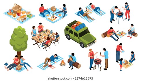 Isometric barbecue icons set with people having picnic outdoors isolated vector illustration