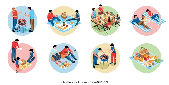 Isometric barbecue icons set with picnic basket and grill equipment isolated vector illustration