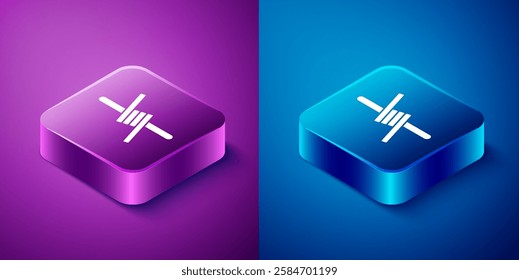 Isometric Barbed wire icon isolated on blue and purple background. Square button. Vector