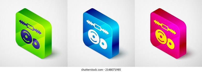 Isometric Barbell icon isolated on grey background. Muscle lifting icon, fitness barbell, gym, sports equipment, exercise bumbbell. Square button. Vector
