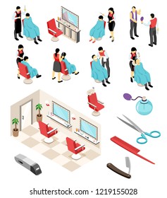 Isometric barber hairdresser professional set with human characters pieces of furniture and hair dressing equipment instruments vector illustration