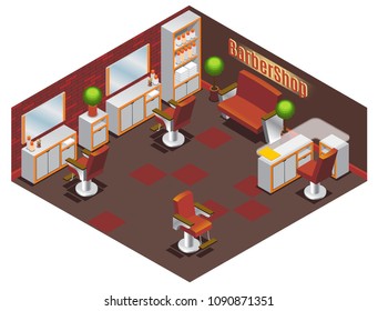 Isometric barber shop interior concept with tables chairs sofa plants mirrors towels and professional accessories isolated vector illustration