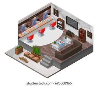 Isometric barber shop interior, hipster hair salon design with modern wooden furniture, marble wall, barbershop chair, sofa, terrarium plant, bicycle, hairdresser accessories, beauty studio layout