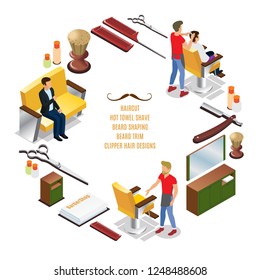 Isometric barber shop round concept with hairdressers customers interior elements combs razor brush scissors towels vector illustration