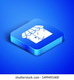 Isometric Barbershop building icon isolated on blue background. Blue square button. Vector Illustration