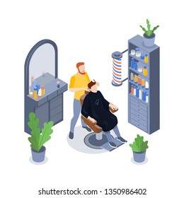 Isometric barbershop composition with male stylist and his client having hair cut 3d vector illustration