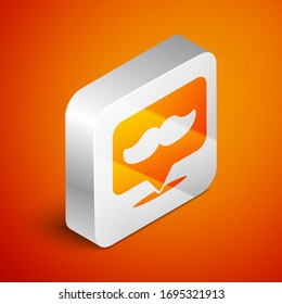 Isometric Barbershop icon isolated on orange background. Hairdresser logo or signboard. Silver square button. Vector Illustration