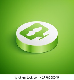 Isometric Barbershop icon isolated on green background. Hairdresser logo or signboard. White circle button. Vector Illustration