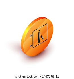 Isometric Barbershop with razor icon isolated on white background. Hairdresser logo or signboard. Orange circle button. Vector Illustration