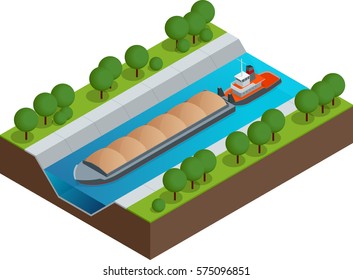 Isometric Barge on a River. Very large ship. Containerized trade, liquid bulk and dry bulk shipping. International shipping.