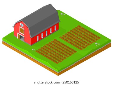 Isometric Barn Growing Crops. American Barn And Crops. Farming And Agricultural Icon.