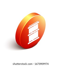 Isometric Barrel icon isolated on white background. Orange circle button. Vector Illustration