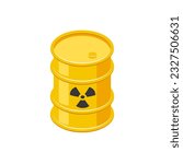 Isometric barrel with nuclear waste. 3d icon of metal yellow drum with hazardous radiation sign. Vector illustration isolated on a white background.