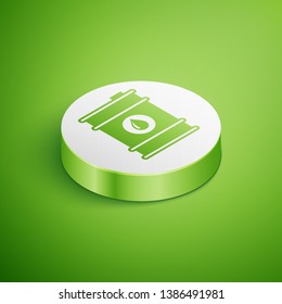 Isometric Barrel oil icon isolated on green background. White circle button. Vector Illustration