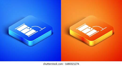 Isometric Barrel oil leak icon isolated on blue and orange background. Square button. Vector Illustration