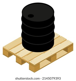 Isometric barrel for oil and other combustible materials on pallet isolated on white. Vector illustration.