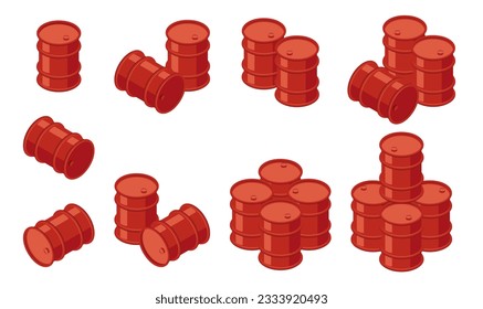 Isometrische Fässer. 3D-Symbole von roten Metallfässern. Speicherkonzept. Vektorgrafik einzeln auf weißem Hintergrund im Flachstil.