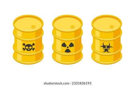 Isometric barrels with hazardous toxic waste. 3d icons of yellow metal drums with skull, radioactive and biohazard signs. Vector illustration isolated on a white background in flat style.