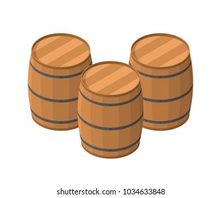 Isometric Barrels isolated on white background. Wooden barrel for alcohol vector illustration. Three barrels with iron rims, concept, raw materials for shop, restaurant, cafe