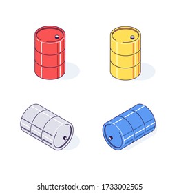 Isometrische Fässer sind rot-gelb-grau und blau. Flache Güter treiben Benzin Benzin Gas und brennbare Vektorgrafik an. Konzept für die Konstruktion von Metallfassplatten