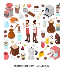 Isometric Bartender and Coffee Cafe Elements Collection. Vector illustration