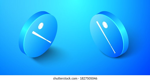 Isometric Baseball ball and bat icon isolated on blue background. Blue circle button. Vector.