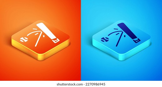 Isometric Baseball bat with ball icon isolated on orange and blue background.  Vector