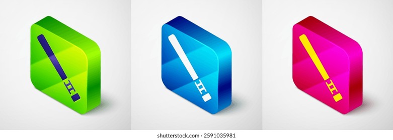 Isometric Baseball bat icon isolated on grey background. Square button. Vector