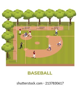 Isometric baseball composition baseball game is played on the field and the players run on the field vector illustration