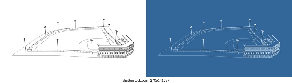 Esquema de desenho de linha técnica de campo de beisebol isométrico