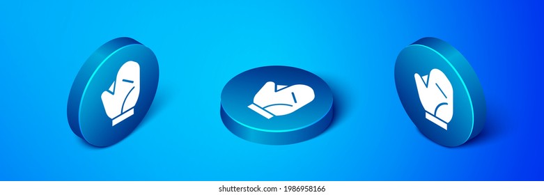 Isometric Baseball glove icon isolated on blue background. Blue circle button. Vector Illustration