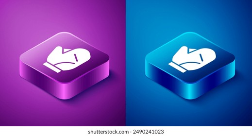 Isometric Baseball glove icon isolated on blue and purple background. Square button. Vector Illustration