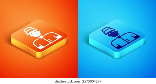 Isometric Baseball player icon isolated on orange and blue background.  Vector