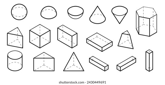 Isometric Basic geometric shapes. Black simple Volumetric figure with invisible shape lines.