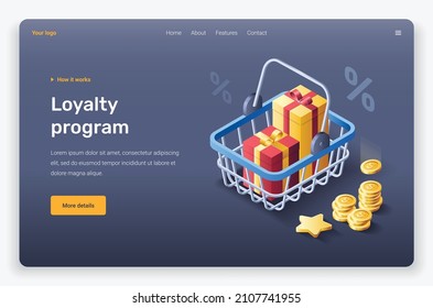 Isometric basket, gift box, star and coins. Landing page template.