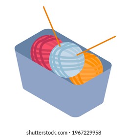 Isometric basket with yarn and needls icon isolated vector illustration.