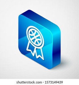 Isometric Basketball award icon isolated on white background. Blue square button. Vector Illustration