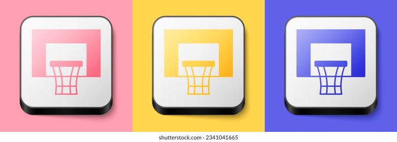 Isometric Basketball backboard icon isolated on pink, yellow and blue background. Square button. Vector