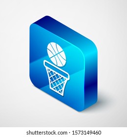 Isometric Basketball ball and basket icon isolated on white background. Ball in basketball hoop. Blue square button. Vector Illustration