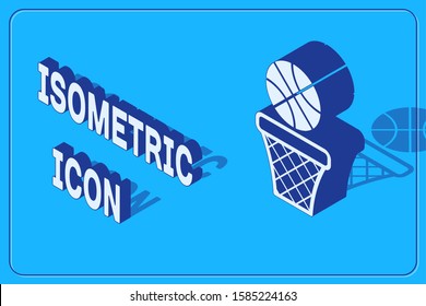 Isometric Basketball ball and basket icon isolated on blue background. Ball in basketball hoop.  Vector Illustration